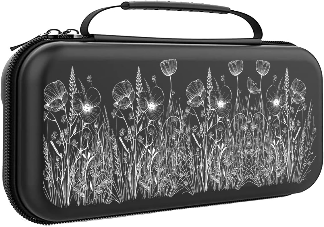Wild Flowers Switch Case For Nintendo Switch OLED/Switch LITE/Switch Accessories, Meadow Cute Carry Protective Bag, Travel Game Console Cases, Controller Hard Shell Holder 20 Cartridge Slot J82