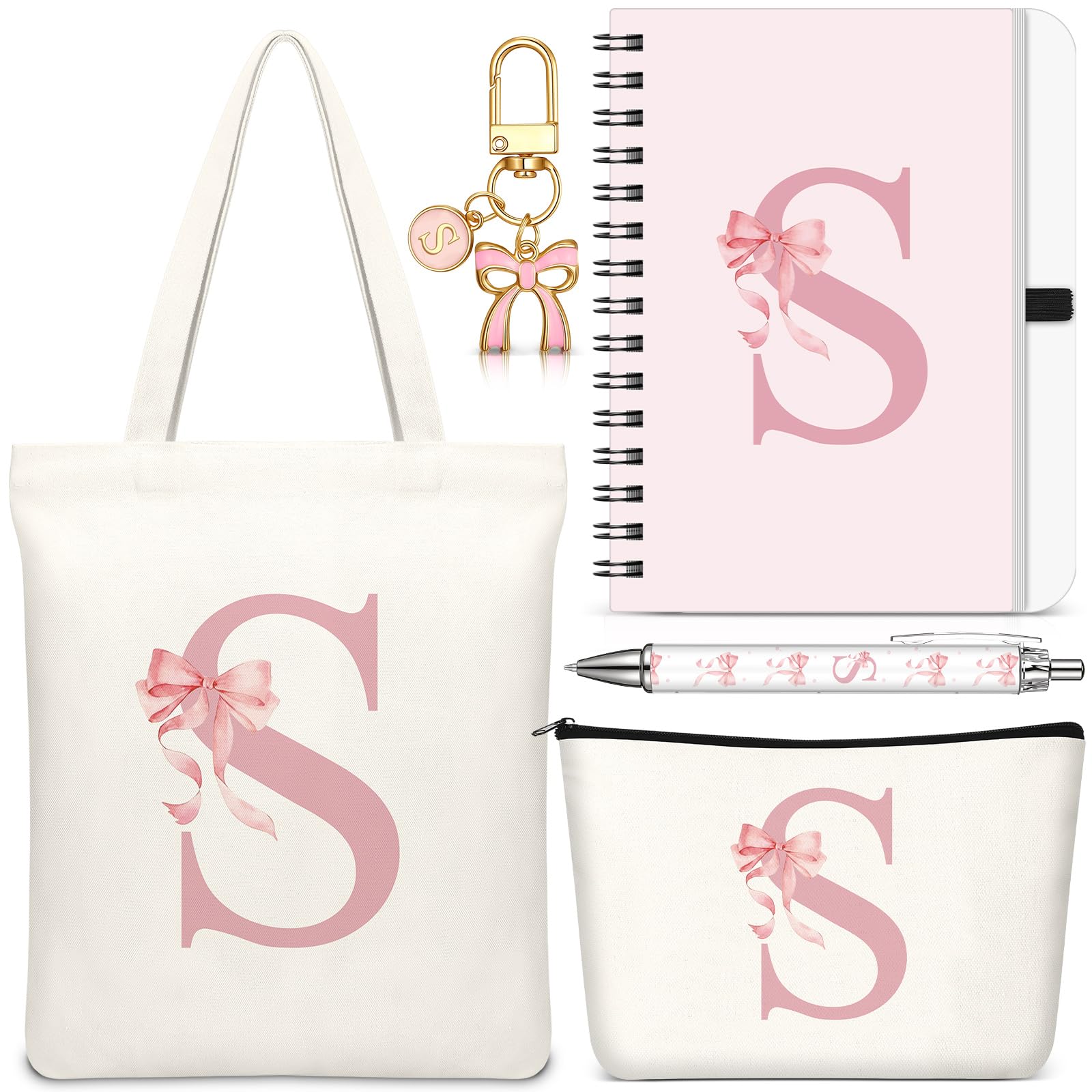 Hestya 5 Pcs Initial Tote Bag Gift Set, Makeup Bag + Shoulder Bags + Keyring + Notebook + Ballpoint Pen, Alphabet Theme Practical Gift for School Birthday Christmas(Beige Pink,Letter S) — image 1