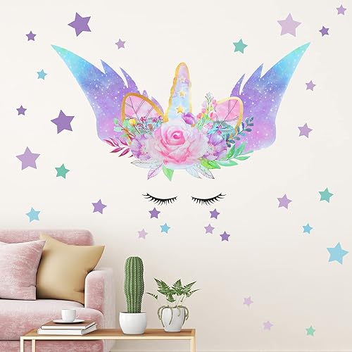 Adhesivo de pared de unicornio para dormitorio de niñas decoración de pared de unicornio con diseño de estrellas de unicornio flores moradas
