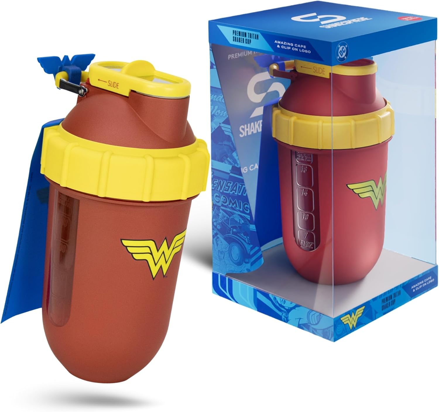 SHAKESPHERE Botella mezcladora de proteínas, edición Wonder Woman, 24 onzas, DC Comics, edición limitada, a prueba de fugas, con tapa deslizante de