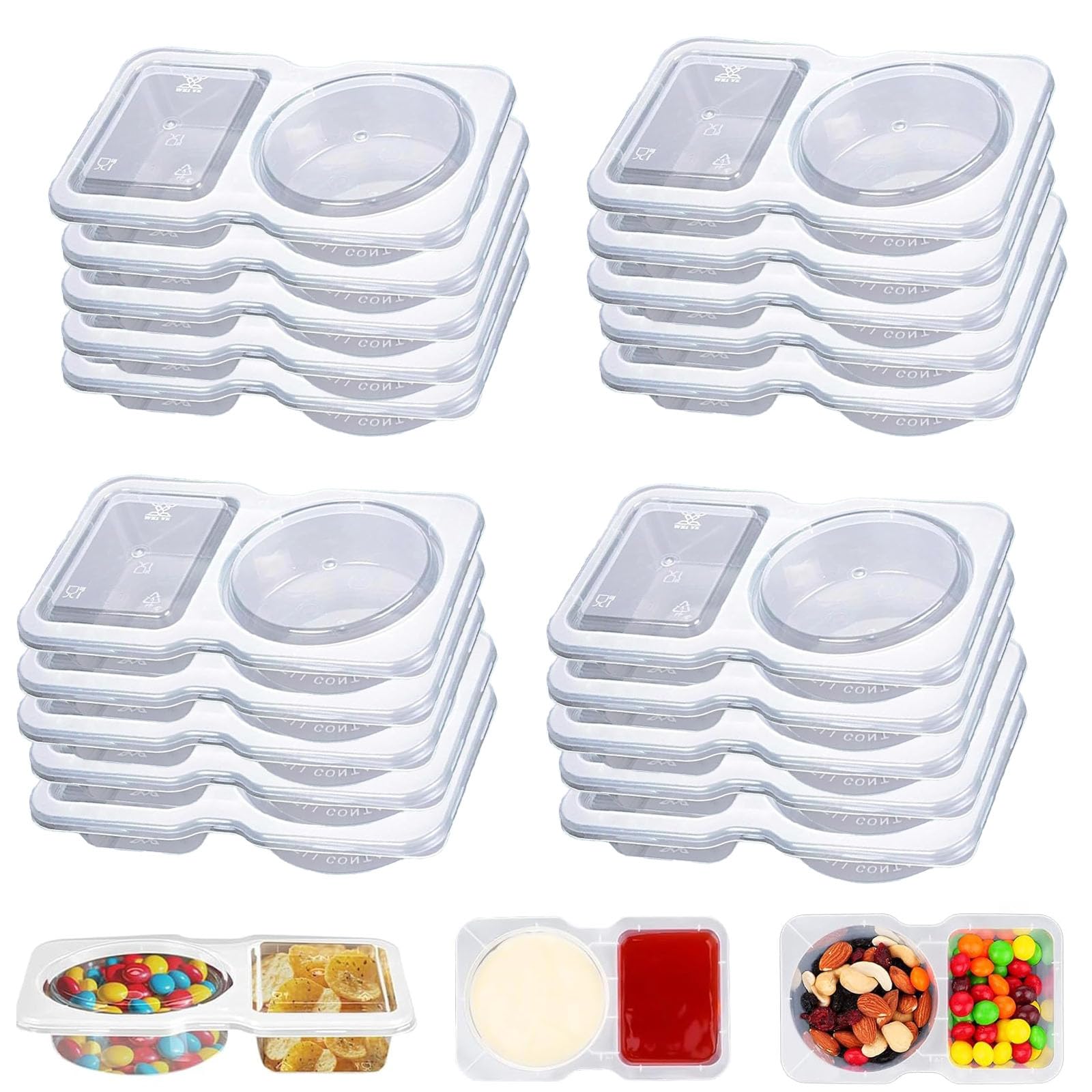 Gudemoore Transparent 20 Pcs Reusable Snack Containers With Lids,Double Compartment Snack Containers With Lid,Snack Pots 2 Compartments,Mini Plastic Snack Pots With Lids,Ideal For Sauces,Snacks,And On-The-Go Meals