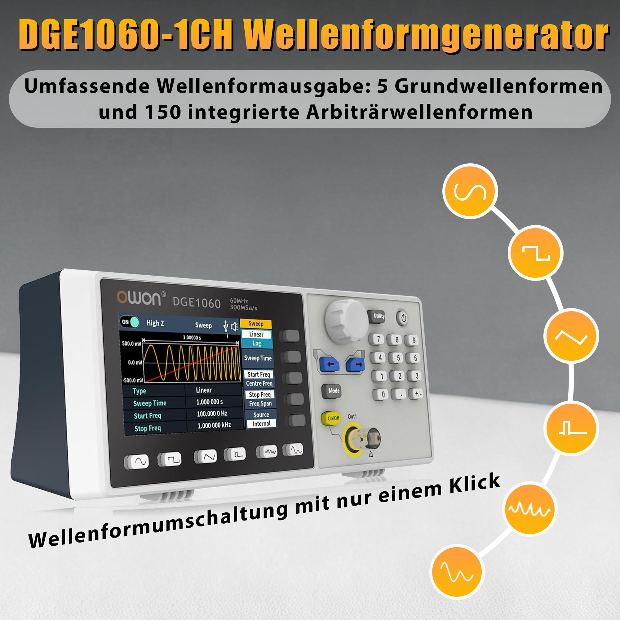 OWON DGE1060 Funktionsgenerator für präzise Signaltests und Entwicklung, 60 MHz, 300 MSa/s, 14 Bit, SCPI und PC-Steuerung