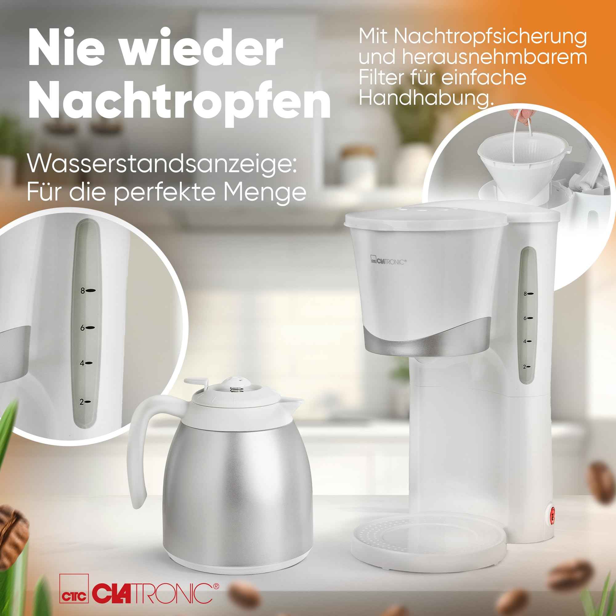 Clatronic KA 3327 - Cafetera eléctrica de goteo automática con jarra termo, máquina café de filtro capacidad 8 a 10 tazas, 1 litro, función de mantenedora calor, 870 W, color blanca