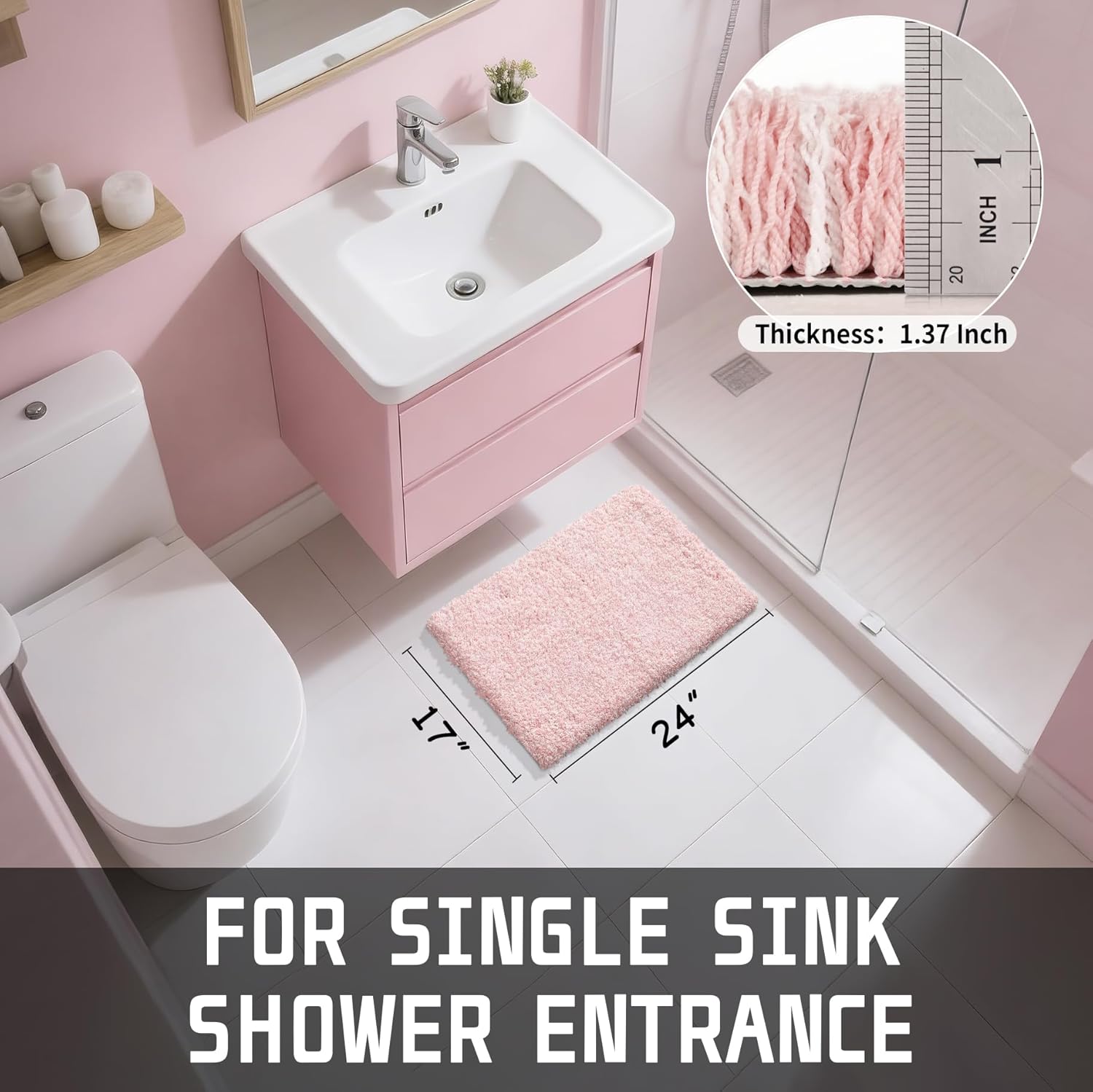 Yimobra Light Pink and White Bathroom Rugs Non Slip Washable, Ultra Soft and Water Absorbent Bath Mats, Plush Fluffy Shower Mat Outside, Microfiber Thick Matts for Bathroom Floor/Sink, 24x17 - Image 5