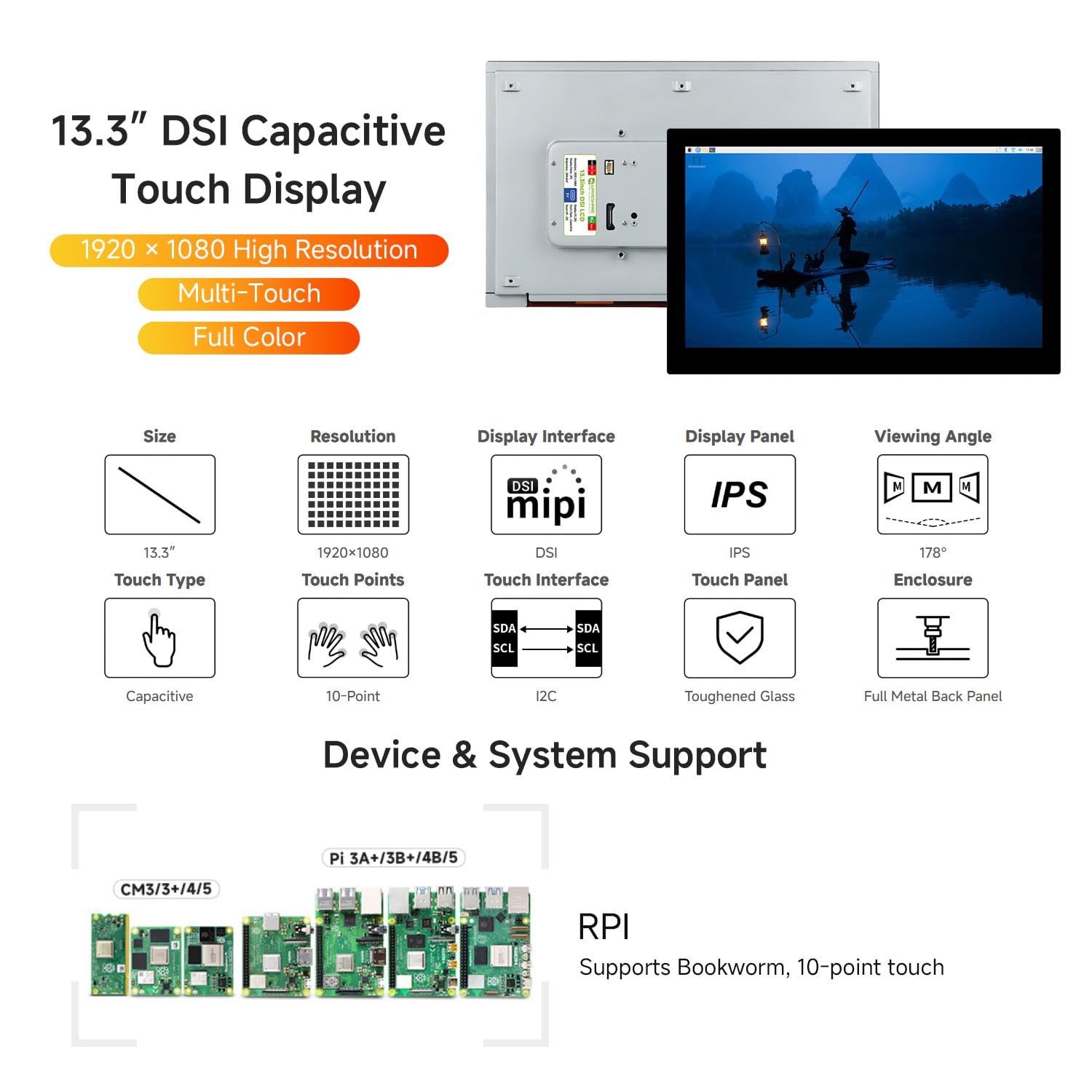 LUCKFOX 13.3-inch IPS Touchscreen Display for Raspberry Pi, 1920x1080 Full HD, 10-Point Capacitive Touch, DSI Interface