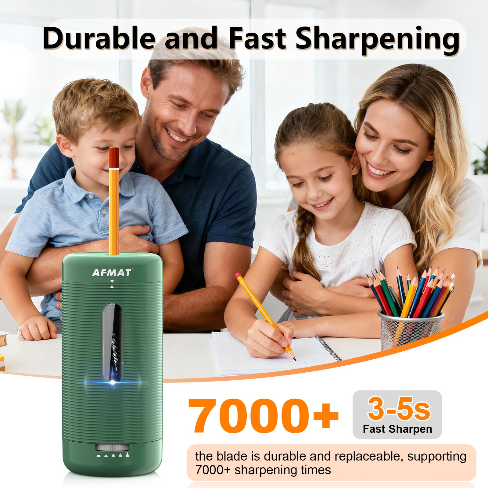 AFMAT Elektrischer Anspitzer mit Behälter, Aufladbarer Automatischer Spitzer für Dicke Farbstifte 6,5-12mm,USB Aufladbar Tragbarer Bleistiftschärfer mit Einstellbaren Spitzen für Schule/Büro,Grün PSC2