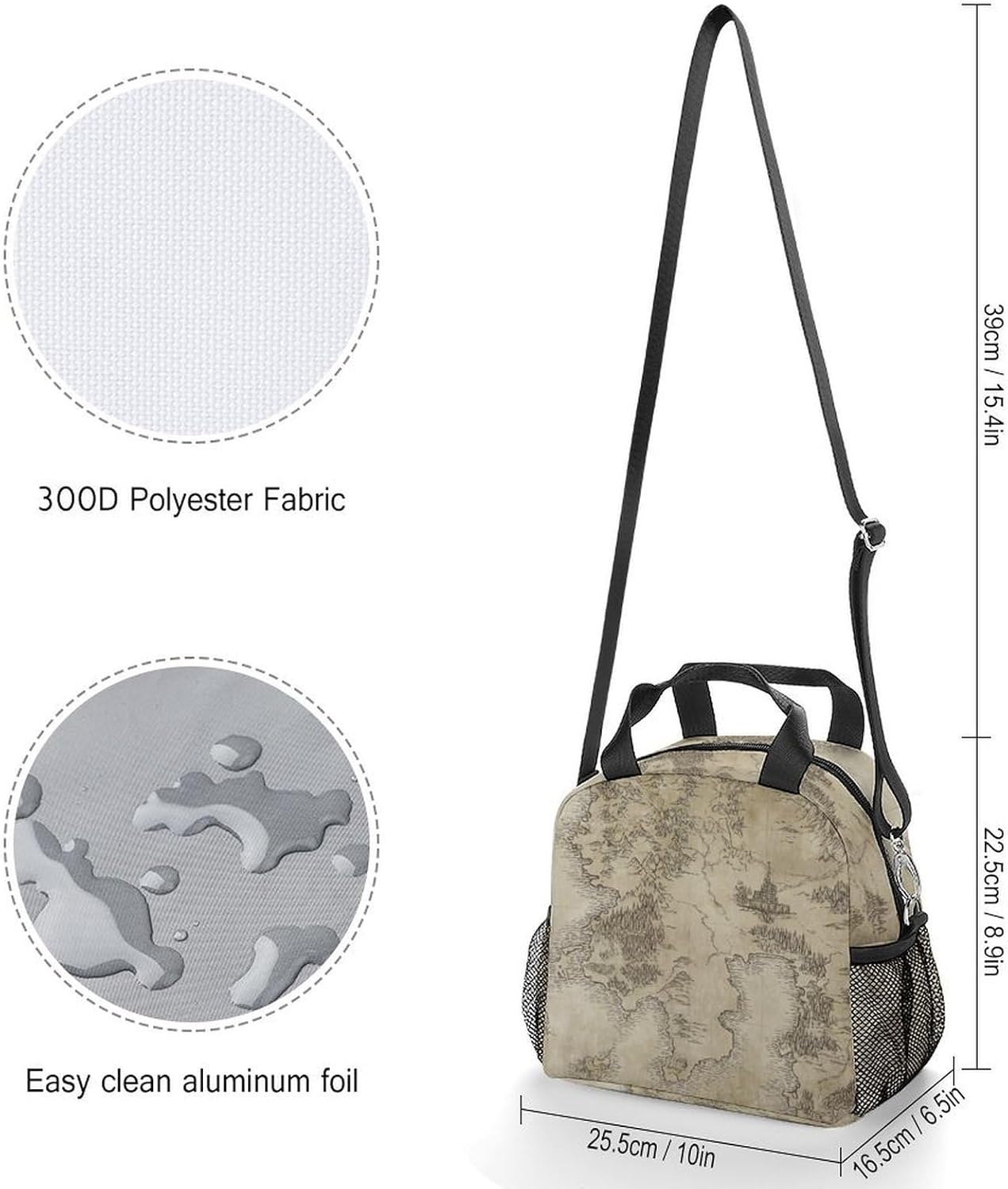 Vintage Map Lunch Box Reusable Portable Insulated Lunch Bag Cooler Tote Box For Women/Men Multifunctional Zipper Lunch Box For Office Picnic Hiking 10x8inch