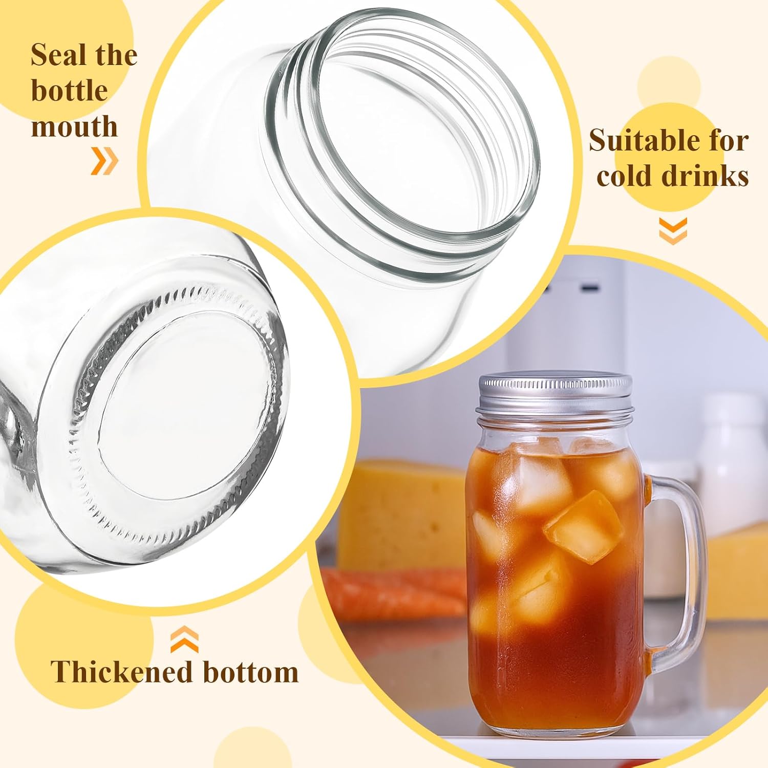 LemonRoad 6 Pcs 24 oz Mason Jar Cups with Handle and Lids Large Mason Jar Drinking Glasses Iced Coffee Cup with Lids and Handles Glass Mugs for Party Beverages Coffee Bar Accessories Gifts (Clear) - Image 3