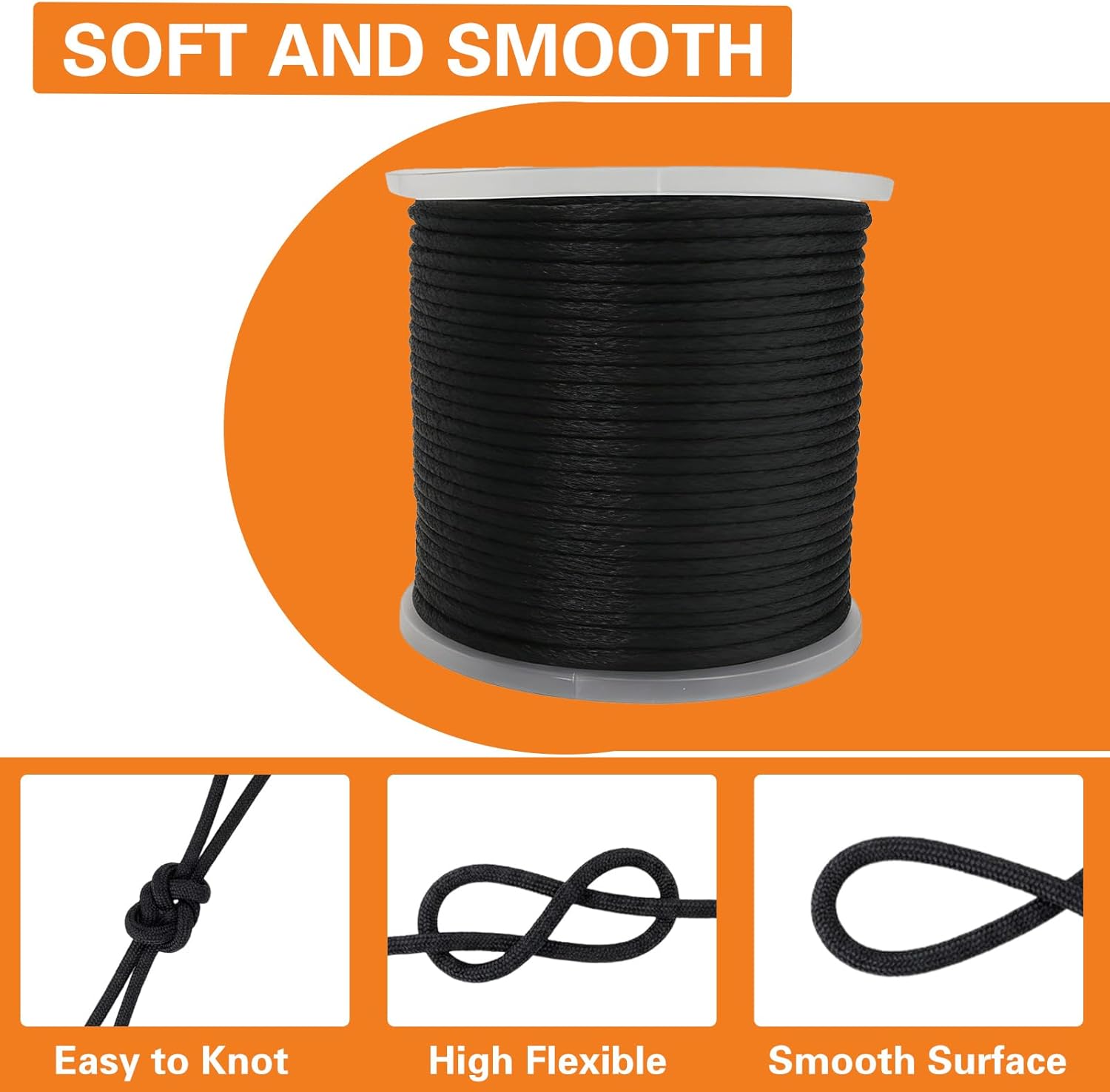 1/4 Inch Nylon Solid Braided Rope 500Ft, Wearproof, high UV & Abrasion Resistant, Multipurpose Rope for Swings, Marine and Outdoor Twine, Flag Line, Dog Leashes, Clothes Line-Black