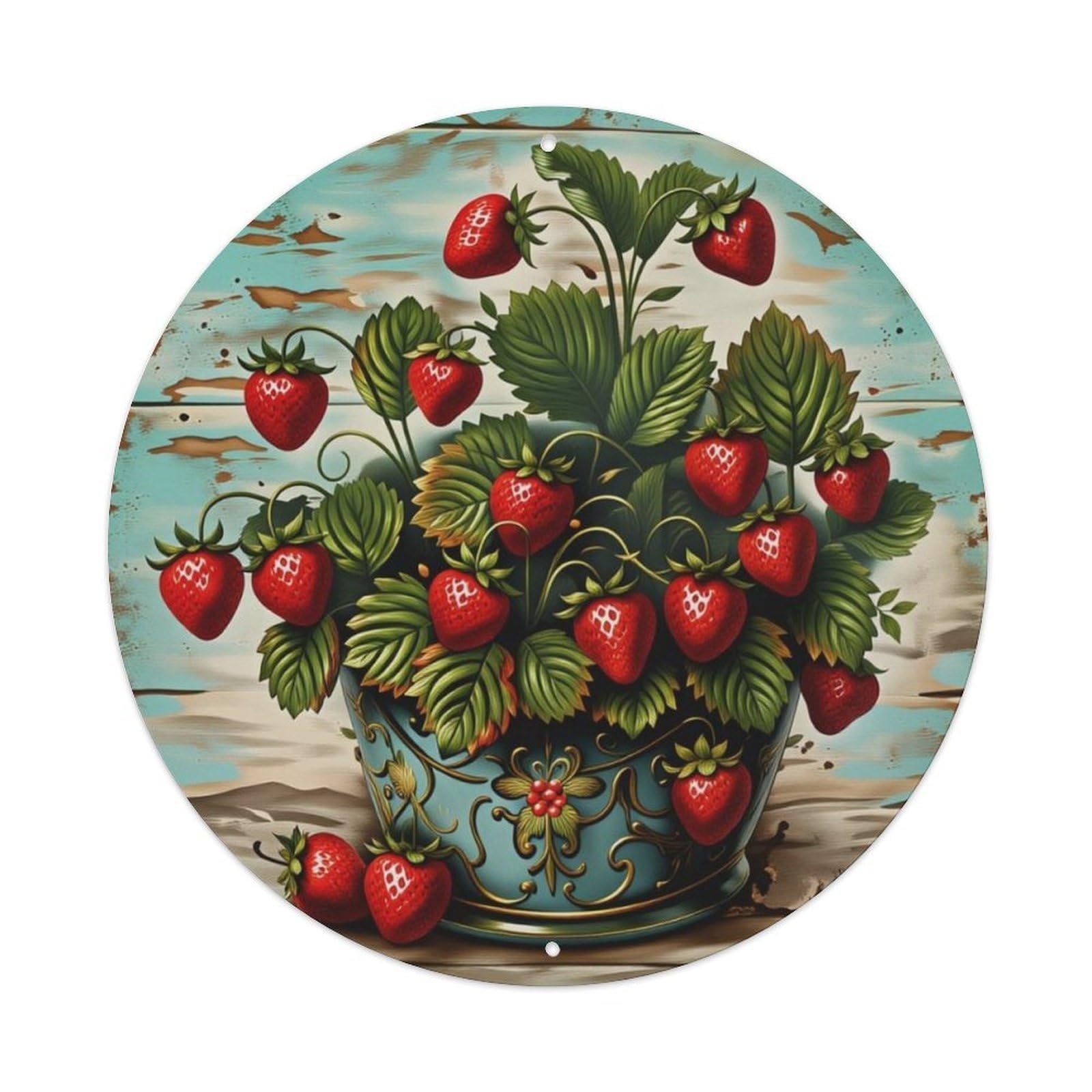 Vintage Blue Wooden Potted Strawberry Farmhouse Round Decor Sign Vintage Aluminium Metal Sign, Retro Wall Decor for Home, Bar, Garage & Farmhouse 20x20cm
