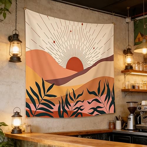 Miniatura 5 de Viajar Tapiz bohemio, tapiz bohemio de sol de montaña de mediados de siglo, paisaje abstracto para colgar en la pared, paisaje natural, decoración