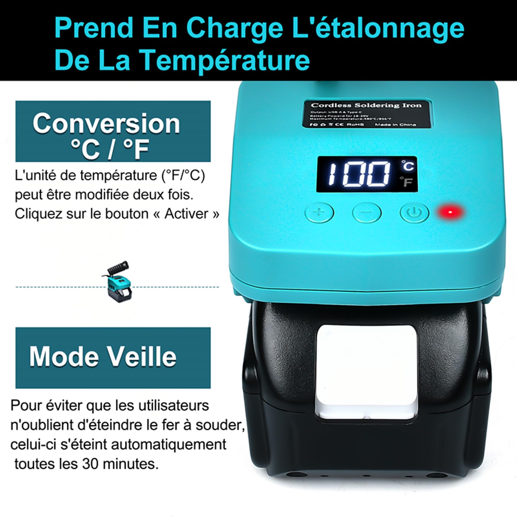 de fer à Souder sans fil Compatible Avec Batterie Makita 18V, de Soudure Portable Avec écran LCD, Conversion de Température C°/F°, ports USB &Type-C pour Bricolage, Réparation D'appareils, Bleu
