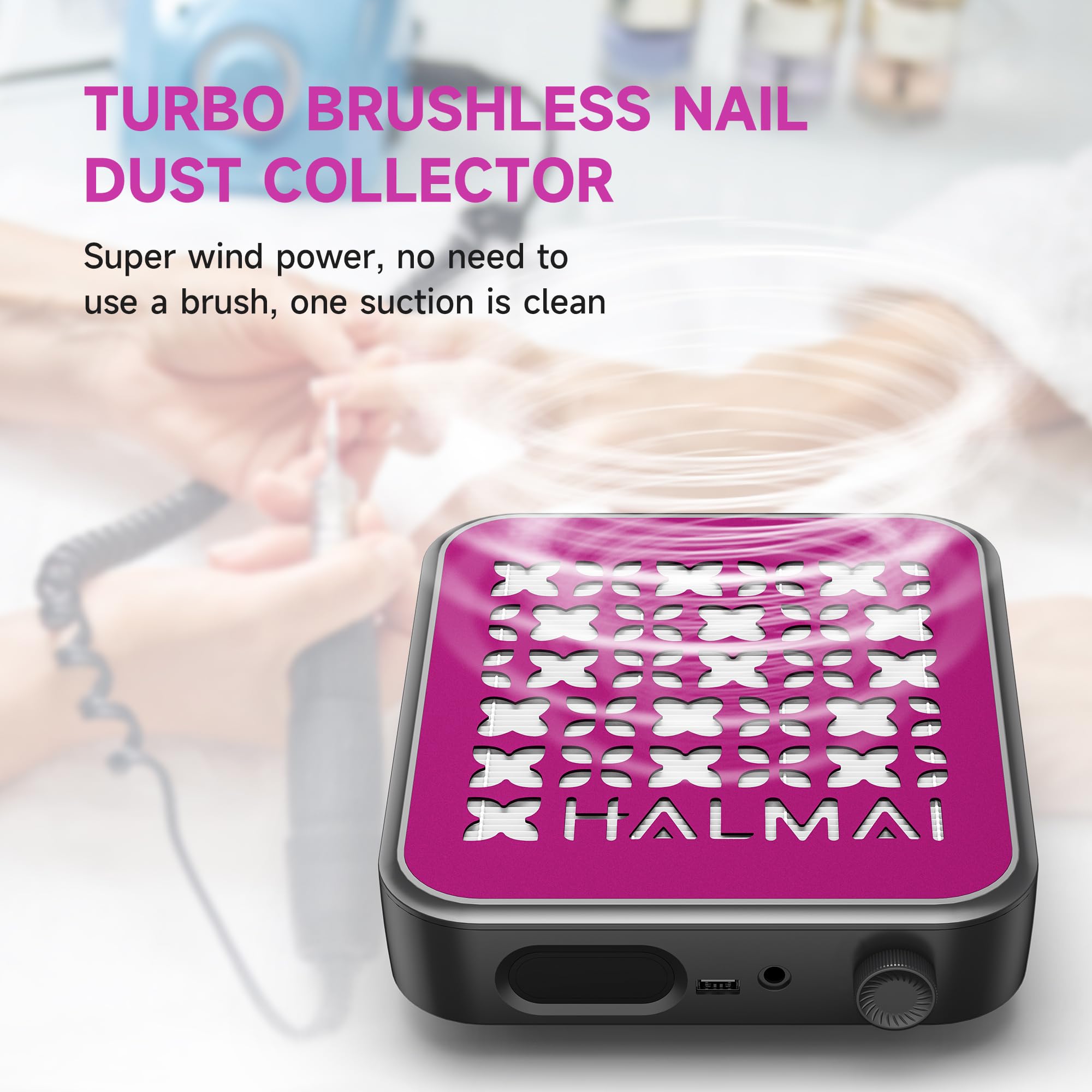 HALMAI Collettore di polvere per unghie, aspirazione 800 Pa e motore brushless da 5000 giri/min, per unghie acriliche, strumento compatto per principianti con filtro HEPA riutilizzabile (salone e uso