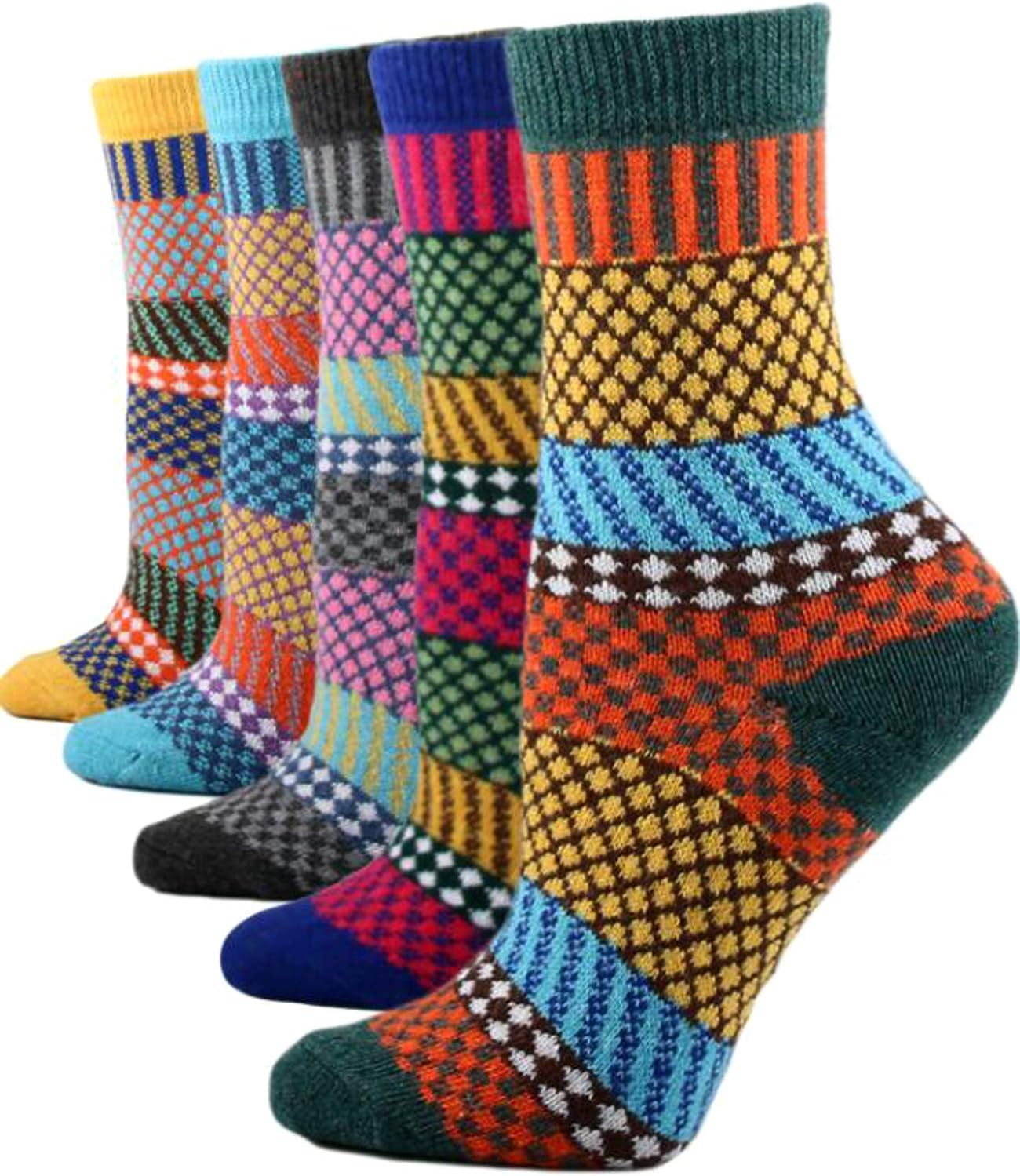 YZKKE 5Pack Womens Vintage Winter Soft Warm Thick Cold Knit Wool Crew Socks, Multicolor, free size