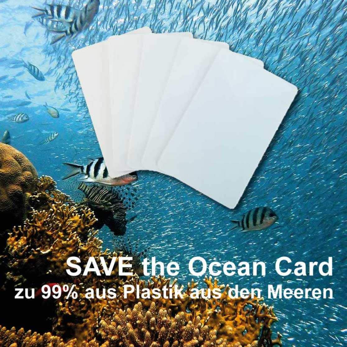 500 Plastikkarten Weiss SAVE THE OCEAN | zu 99% aus recyceltem Kunststoff aus dem Meer | Premium Qualität aus Deutschland