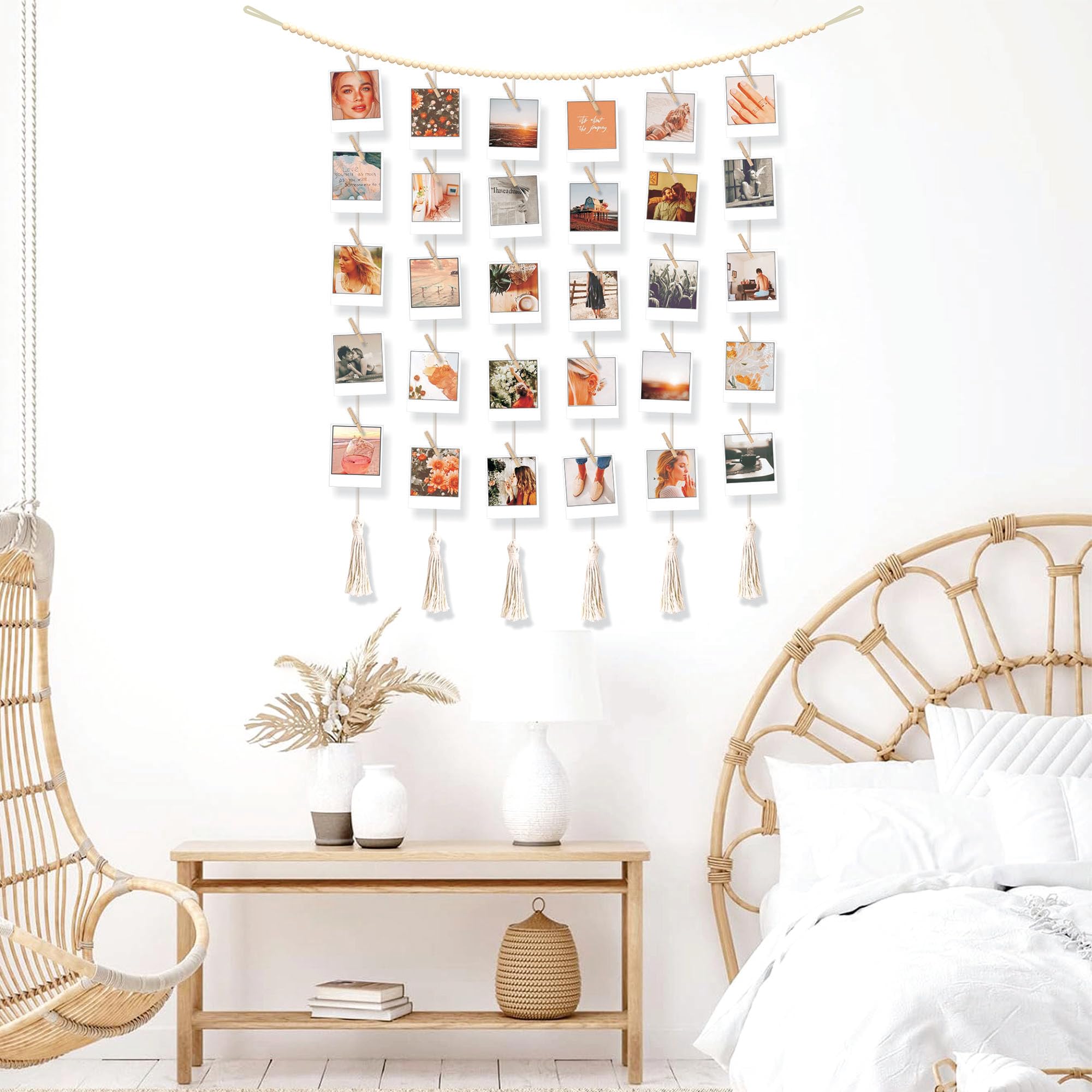 BIZYAC Hanging Photo Display with Clips Wall Boho Decor Beads Garland - Sculptural Picture Frames Collage - 30 Clothespins - 2 Non-Trace Hook - No Holes Drilling - 45 x 45 inch