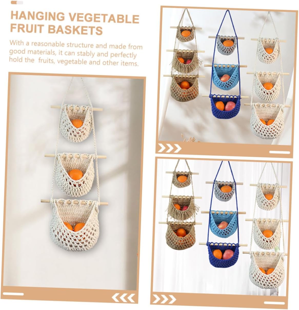 2Pcs Hand Made Hanging Fruit Storage Basket Rope Organizer for Kitchen Wall Mounted Mesh Design for Fruits Vegetables