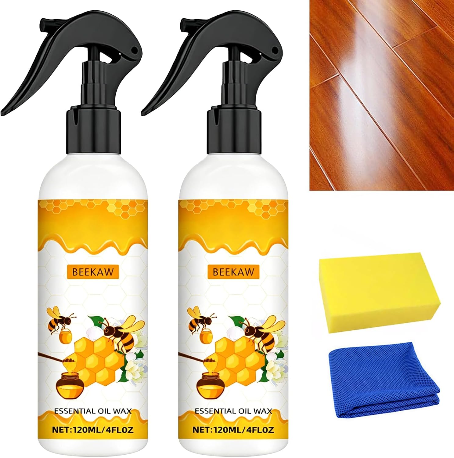 KEHOO Beeswax Wood Polish Spray, 120ml - Beeswax Furniture Polish Spray, Bring a Towel and a Sponge for Wood Multipurpose Wood Wax Restorer for Floors, Cabinets, and Tables（2PCs）