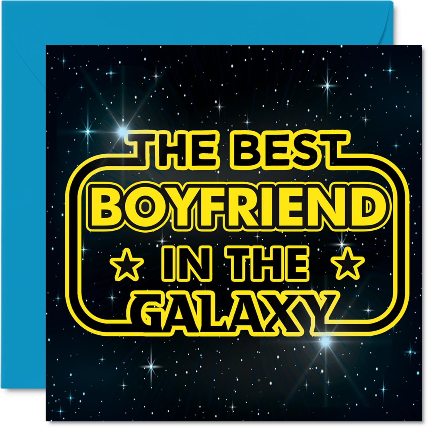 Playful Birthday Card for Boyfriend - Out-of-this-world Affection - Space and Stars Motif with Bold Yellow Text, Anniversary - 145mm Square, Envelope Included