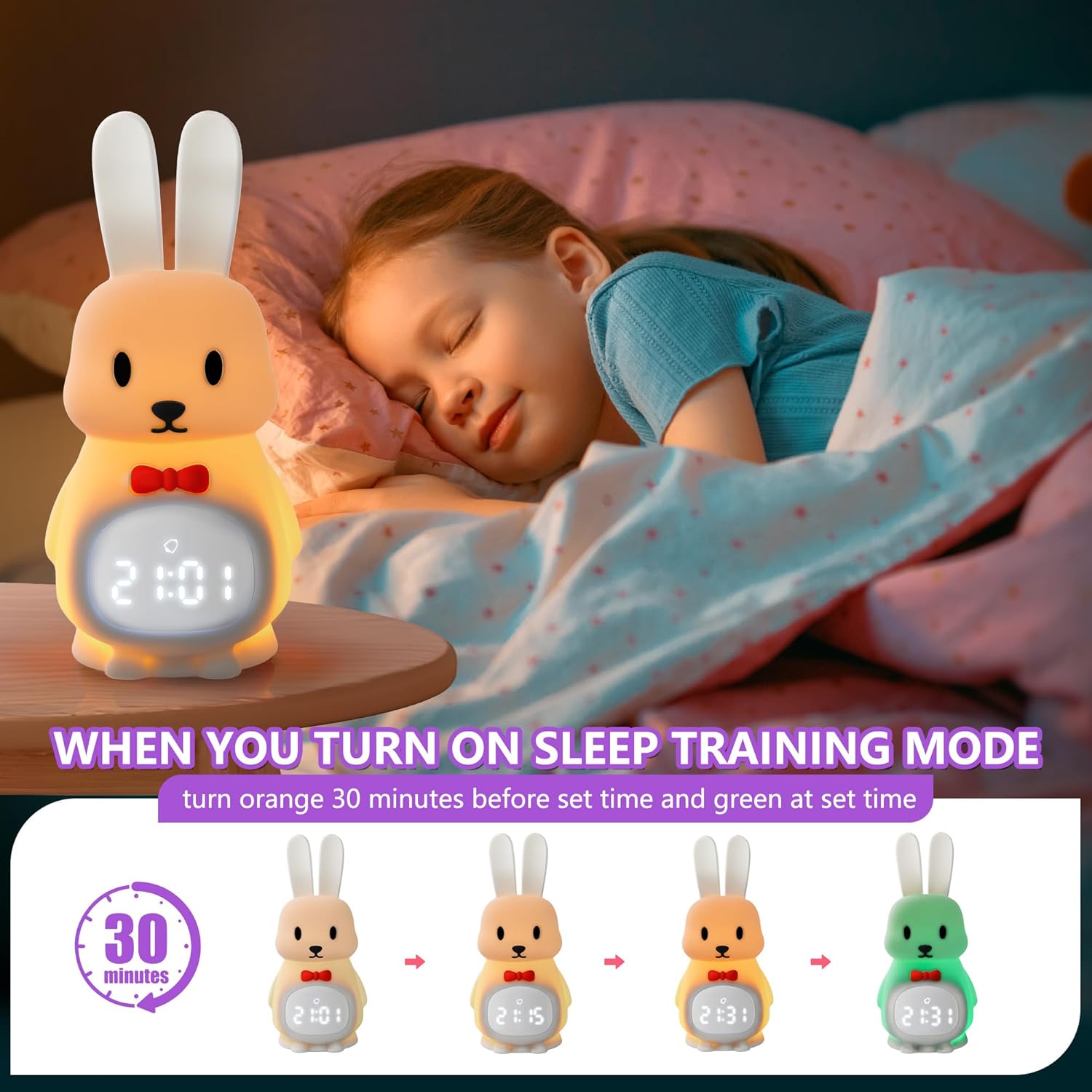 Kids Alarm Clock with Night Light, APP Control, Toddler Sleep Trainer, Wake Up Light Silicone Touch Multi-Color Lights for Bedroom Decor, Cute Bunny Rabbit