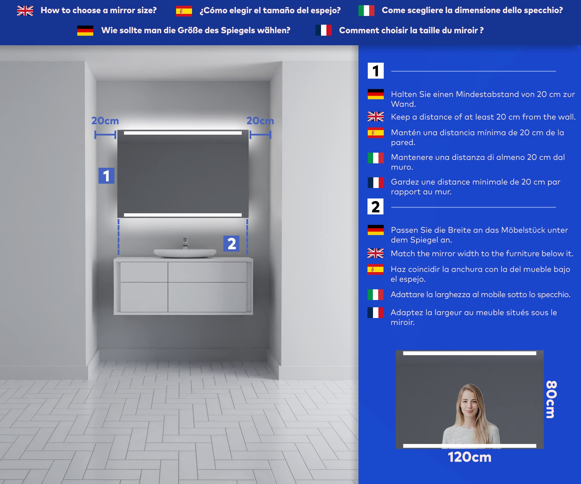 Artforma Badspiegel mit Beleuchtung - Led Spiegel Bad - 120x80 - Badezimmerspiegel Nach Maß - auf Individuelle Bestellung Gefertigt - Modernes Design - Ohne Rahmen