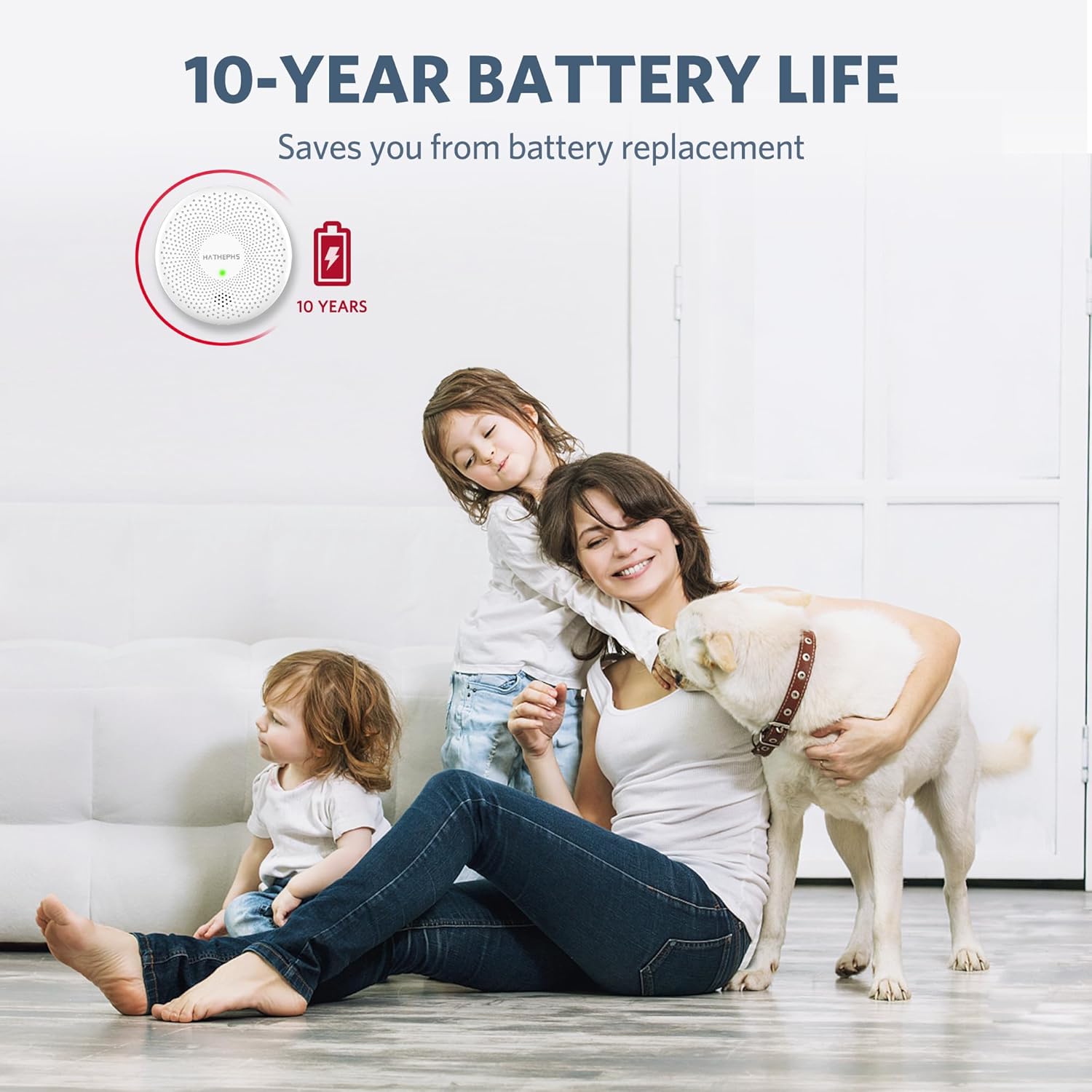 Family in living room with detector on wall, illustrating 10-year battery life