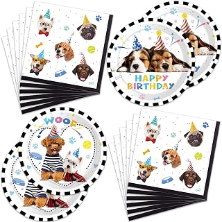 40Pcs Dog Birthday Decorations Disposable Puppy Face Paper Plates Napkins for Baby Shower Table Decor Dog Themed Birthday Party Decorations