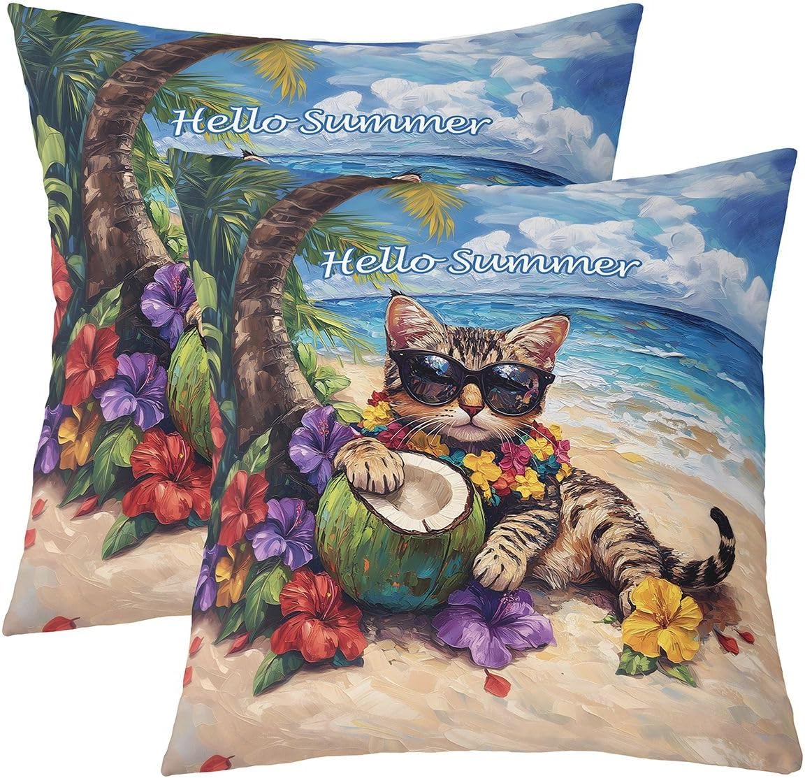 Castle Fairy Cute Cat Throw Pillow Cover Tropical Flowers Beach Pet Double Sides Pillow Case for Kids Boys Girls Room Decor,Summer Beach Cushion Cover for Bed Couch Sofa,Light Blue 2 Pack 16"x16"