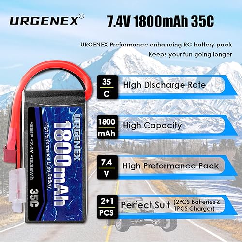 Miniatura 2 de URGENEX Batería Lipo de 7.4V 2S 35C 1800mAh recargable RC con Deans T Plug Campatibal con la mayoría de camiones RC escala 1/10, 1/16 y cargador de