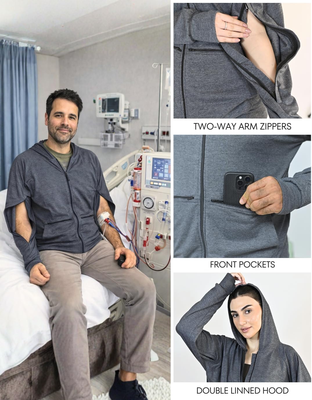 Inspired Comforts Unisex Dialysis & IV Access Hoodie – Dual Arm Zippers, Thumbhole Sleeves & Pockets - Image 2
