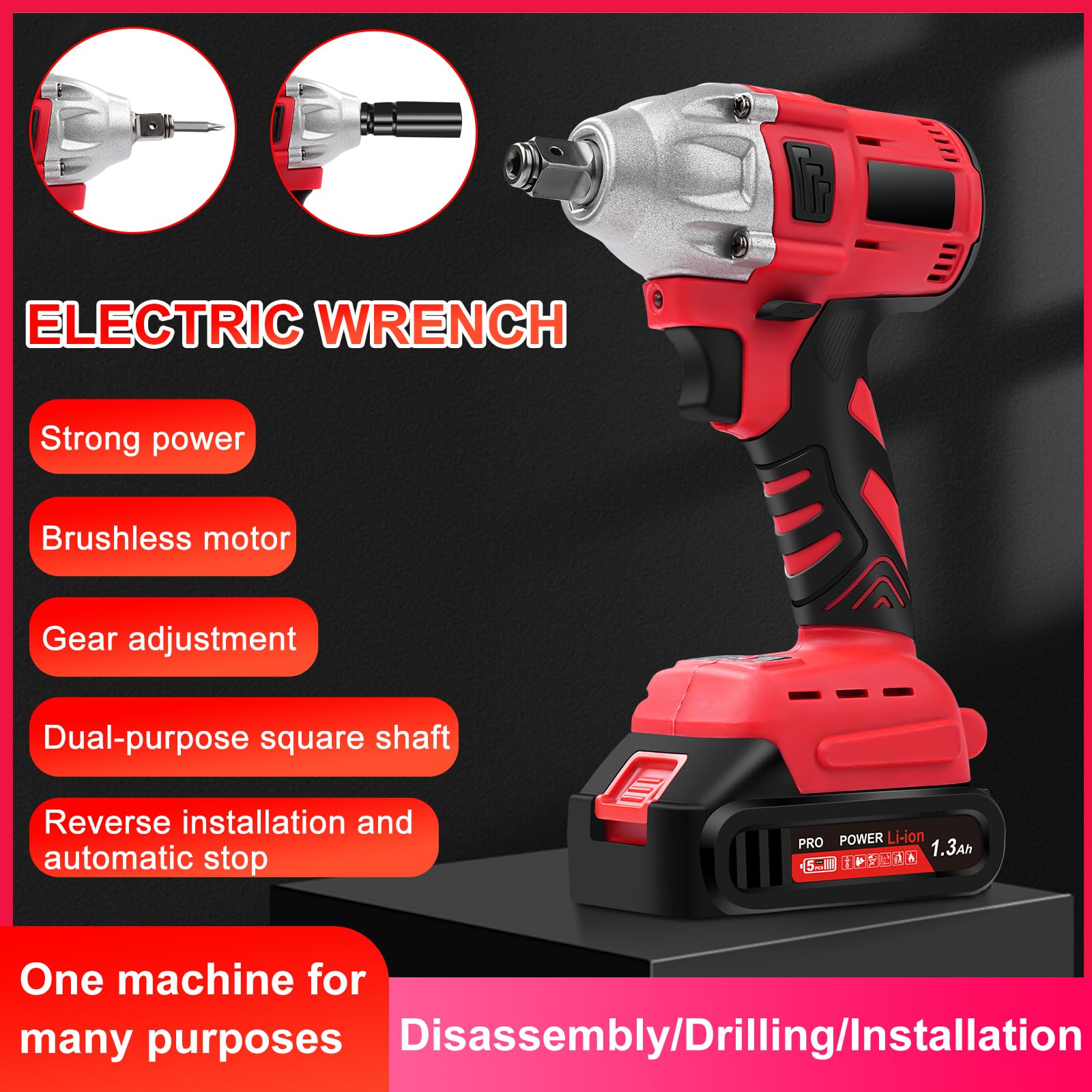 Llave de choque inalámbrica, 21 V, 300 Nm, 1/2 pulgadas, atornillador de impacto eléctrico, llave de impacto con 5 piezas, 1300 mAh, baterías para el hogar/el coche/DIY