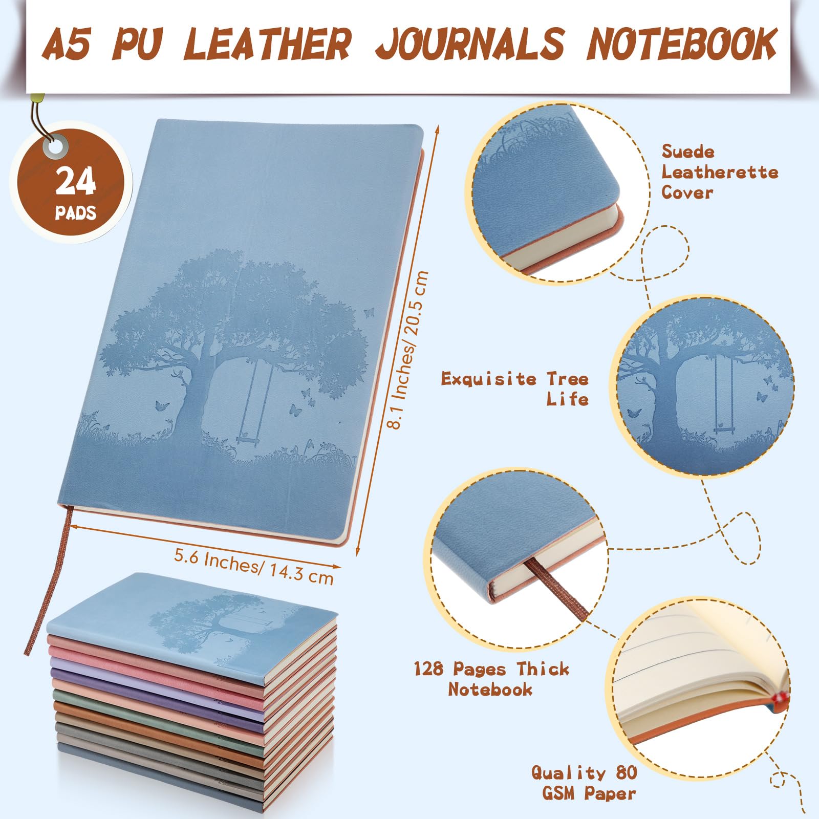 TaoBary 24 quaderni A5 in pelle ecologica in poliuretano, colorati, a righe, con copertina in morbida pelle PU, per scrivere, ufficio, scuola, casa, lavoro (colori classici)