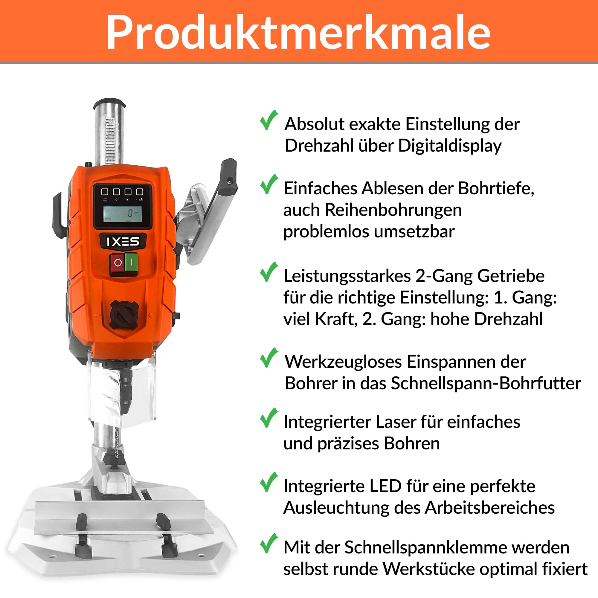IXES Tischbohrmaschine IX-DBP60 | Digitaldisplay | LED-Licht & Laser | Bohrfutter 1,5 13mm | 710 W | 2-Gang Bohrmaschine mit variabler Drehzahl: 170 880/490 2600 min-1