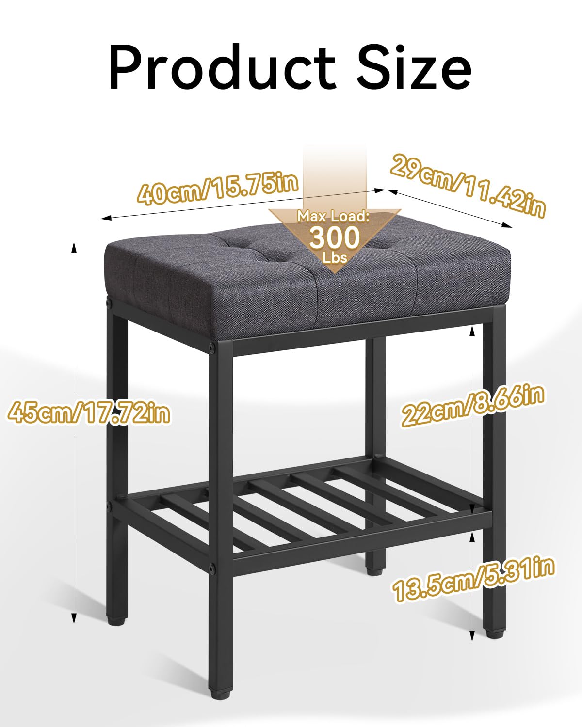 IBUYKE Silla de Maquillaje Rectangular con Patas Ajustables y Almacenamiento, Gris Oscuro