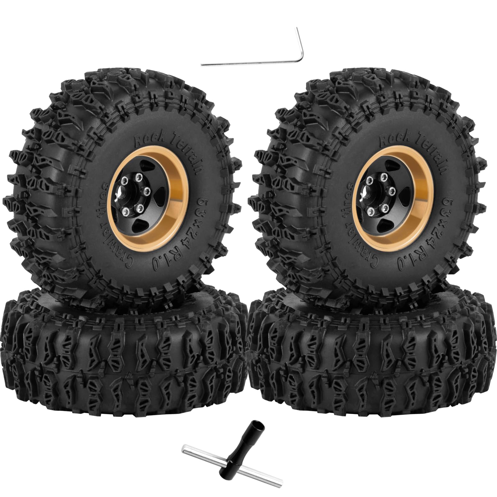 RcarmubWow RC 1.0" Beadlock Wheels and Tires for RC Crawler 1/18 TRX4M,1/24 SCX24,Brass 1.0 Beadlock Wheels RC Rims w/ 1.0 Beadlocks Tires Soft Sticky Rubber Tires,4pcs,Style A