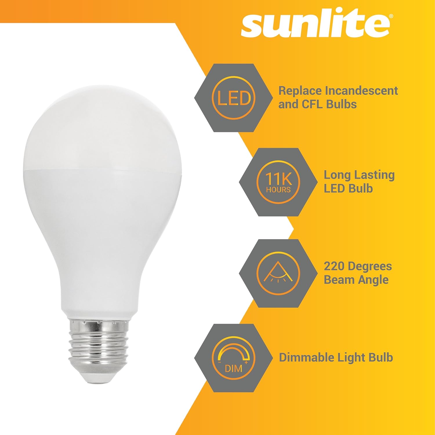 Sunlite LED A21 Light Bulb, 18 Watts (150W Equivalent), 2600 Lumens, 120V, Dimmable, Medium E26 Base, 220 Degree Beam Angle, UL Listed, RoHS Compliant, 2700K Soft White, 6 Pack
