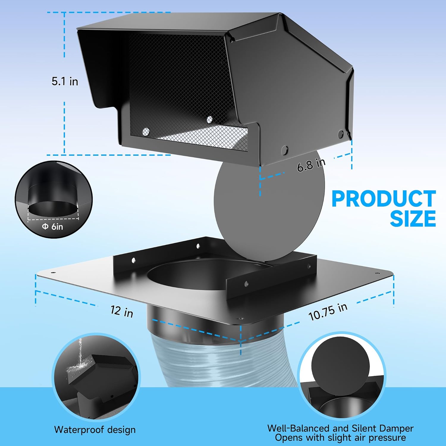 6 Inch Roof Vent Cap - Heavy Duty Steel Removable Roof Vents with Back-Draft Damper, Roof Vents for Houses Attic,Kitchen Range Hood,Dryer and Bathroom, Roof Exhaust Vent for Ventilation System