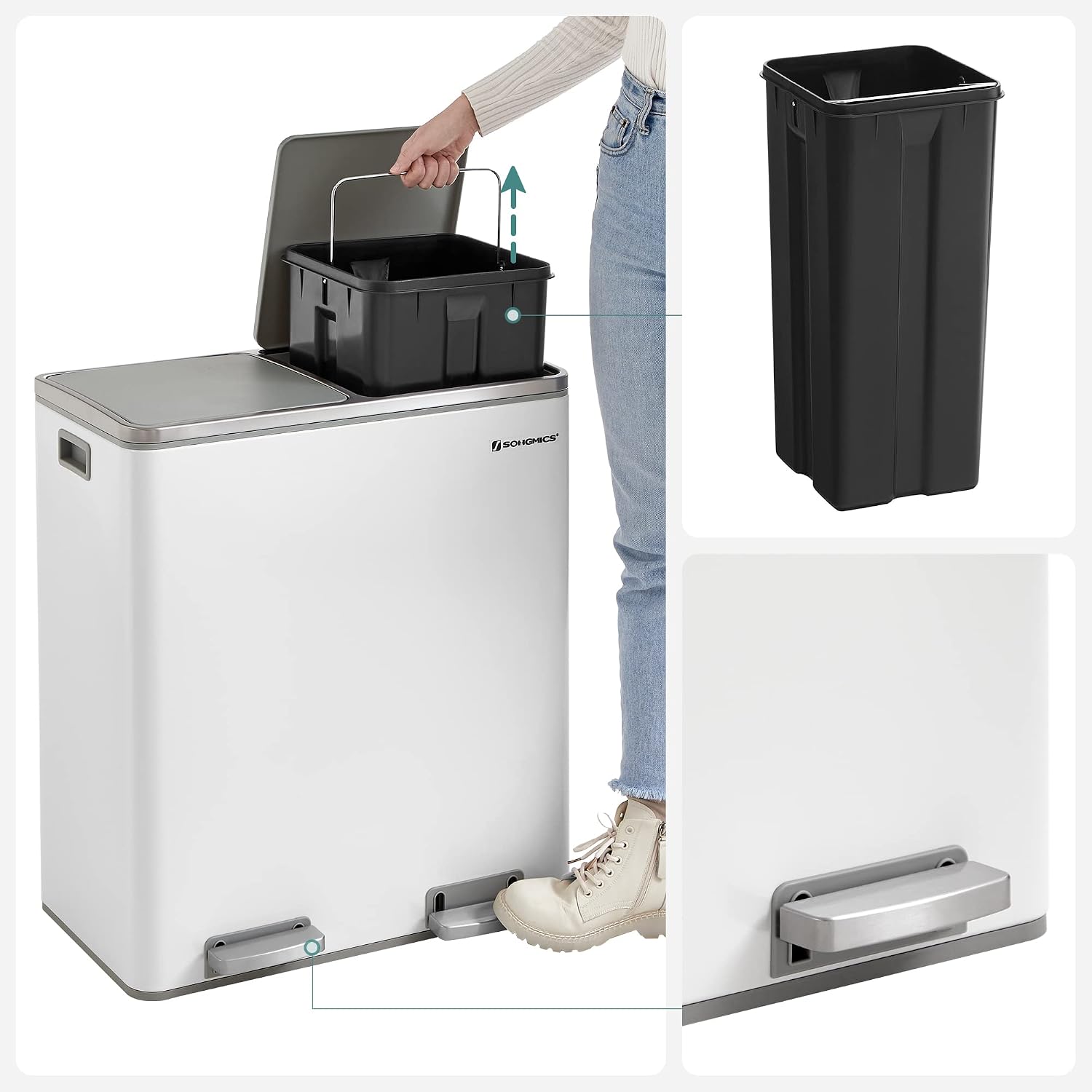Bіg Sаlе SONGMICS Dual Trash Can, 16 Gal (60L) Rubbish Bin and 15 Trash Bags, Metal Step Bin, with Dual Compartments, Plastic Inner Buckets and Hinged Lids, Airtight, White and Gray ULTB60WT