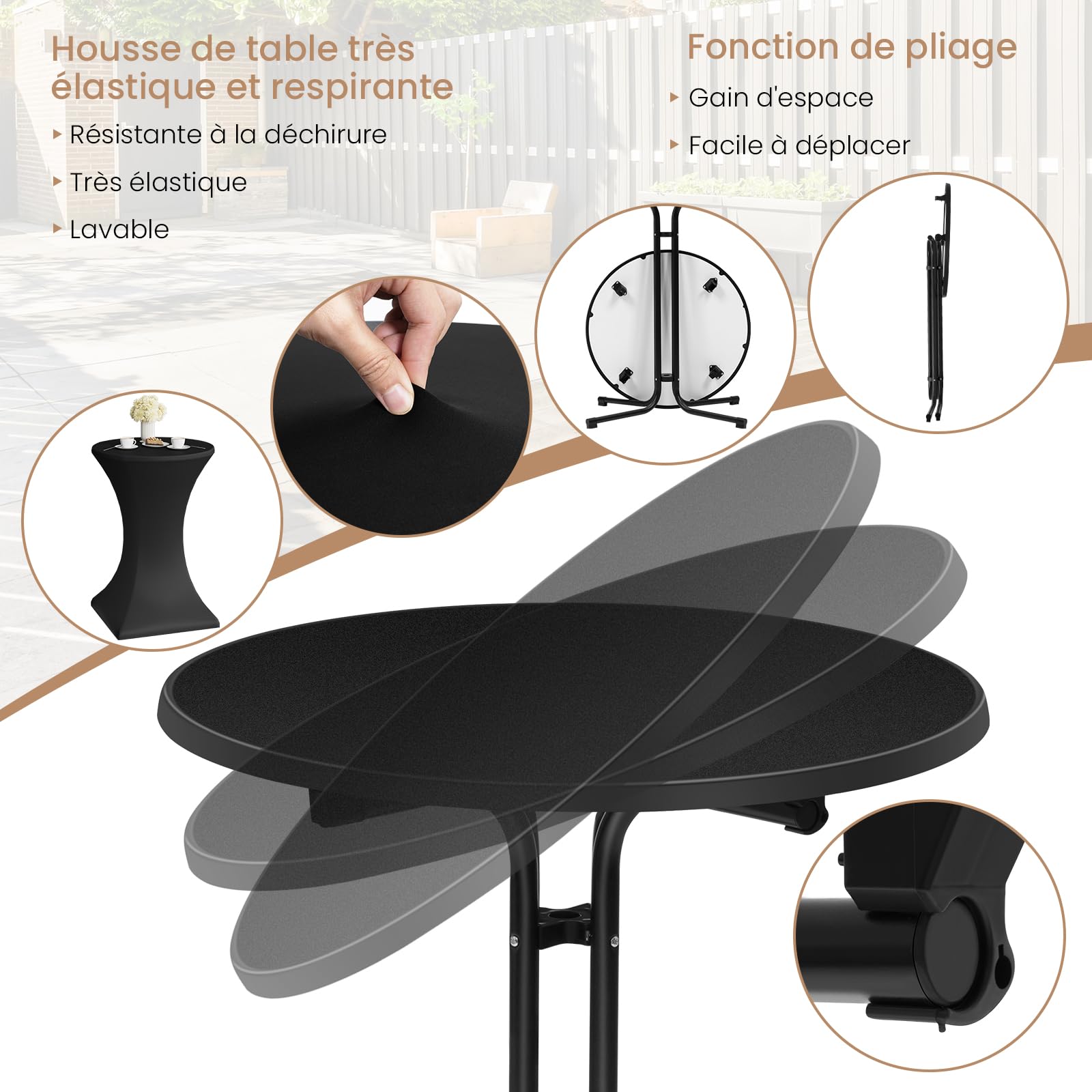 WOLTU Table de Bar Ronde et Haute, Mange Debout Extérieur à Cadre en Métal, avec Housse Élastique et Plateau Pliant en Bois d'Ingénierie, Ф80 x 110cm, Noir Mat