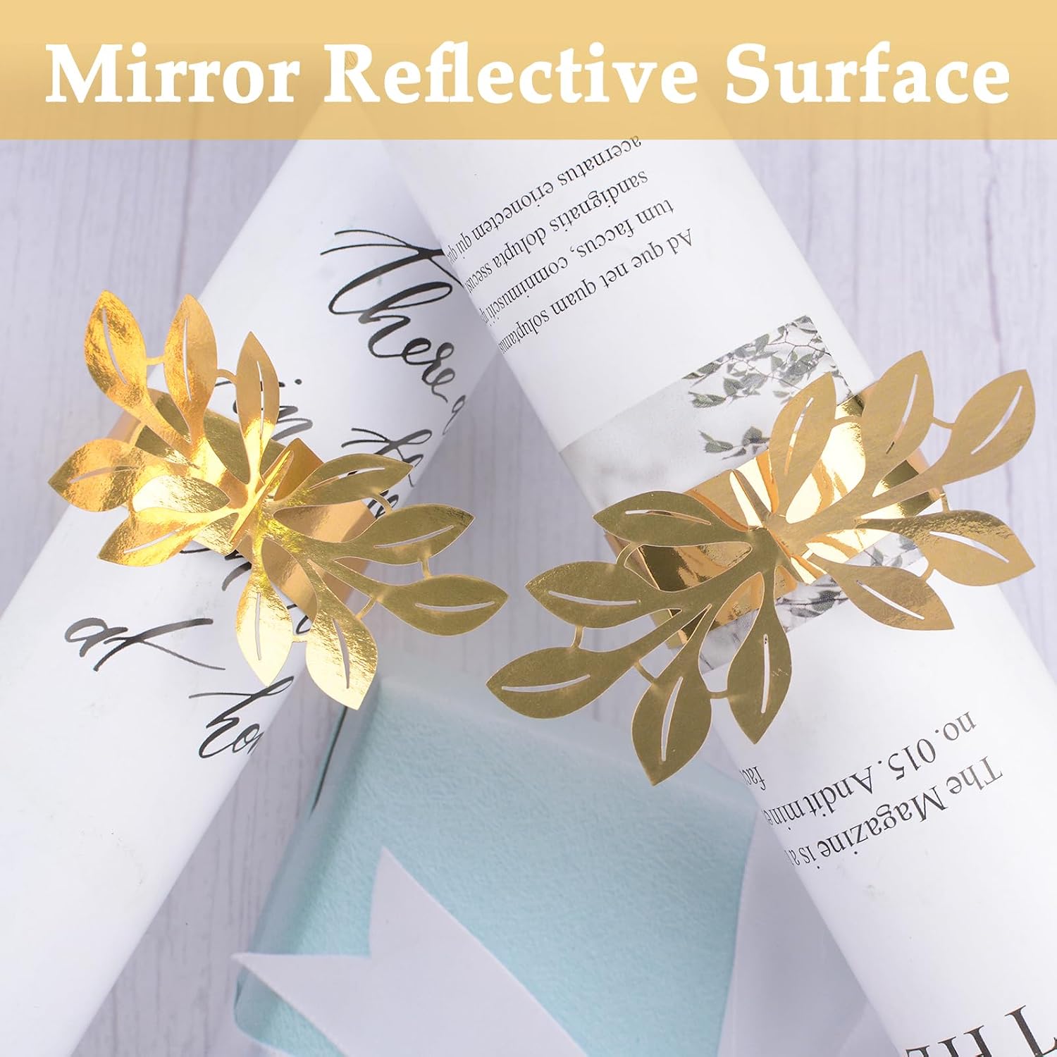 50 Pcs Gold Leaves Napkin Rings, Reflective Gold Leaf Design Paper Napkin Holder Buckles for Dinner Party Celebration Valentine Table Decor