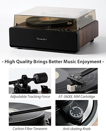 Miniatura 5 de Tocadiscos de vinilo, tocadiscos de alta fidelidad por correa para discos de vinilo de 3345 RPM con cartucho MM AT-3600L, preamplificador de