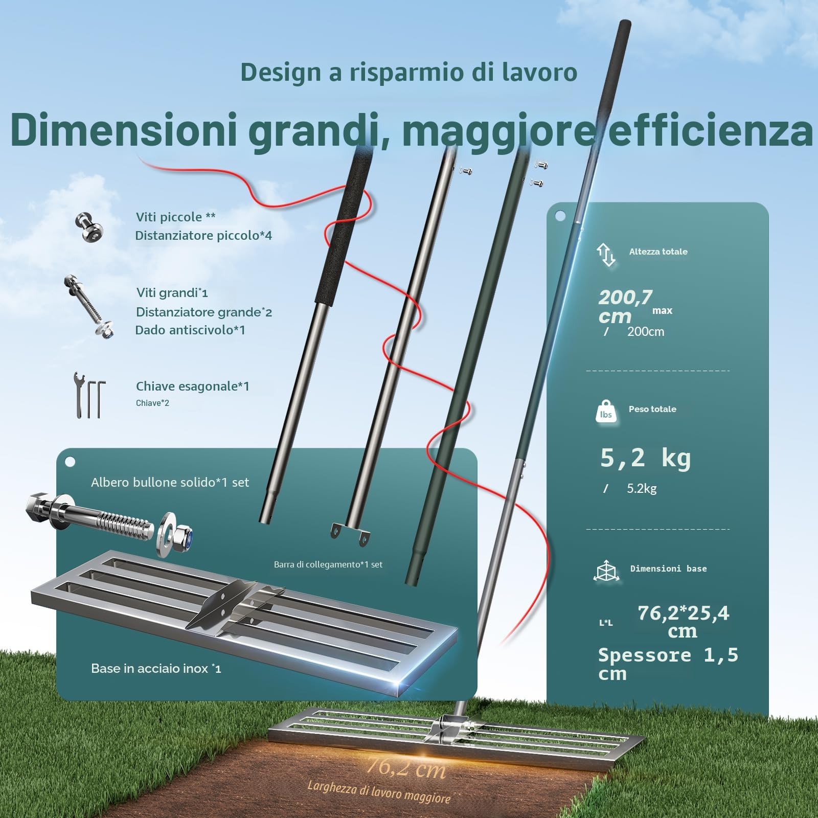 Rastrello Livellatore per Prato in Acciaio Inossidabile 75*25cm – Rastrello con Base Superiore Completamente Chiusa, Livellatore per Prato per Uso Intensivo, Non si Ribalta Facilmente