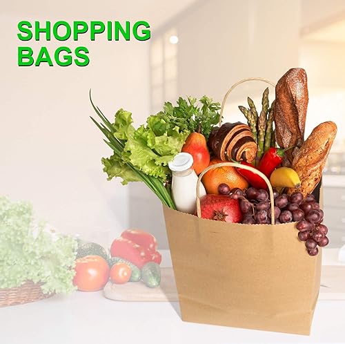 Miniatura 5 de CAYUENG Bolsas de papel kraft de 10 x 5 x 13 pulgadas, 100 bolsas de regalo marrones con asas, bolsas de papel liso para compras, bolsas de papel