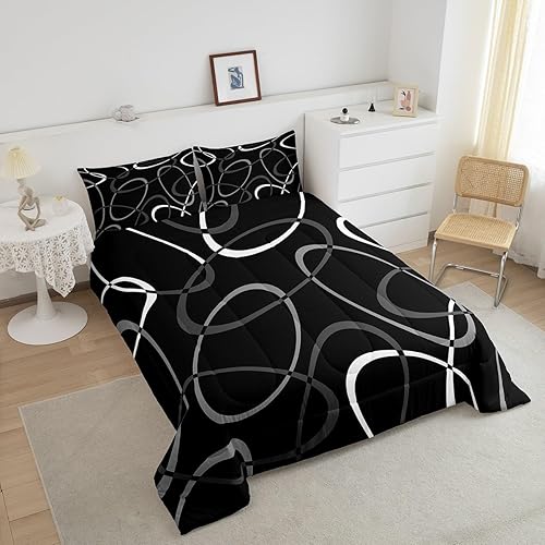 Miniatura 3 de Feelyou Juego de edredón para niños, niñas y adolescentes, color negro y gris, juego de ropa de cama tamaño Queen con líneas geométricas abstractas,