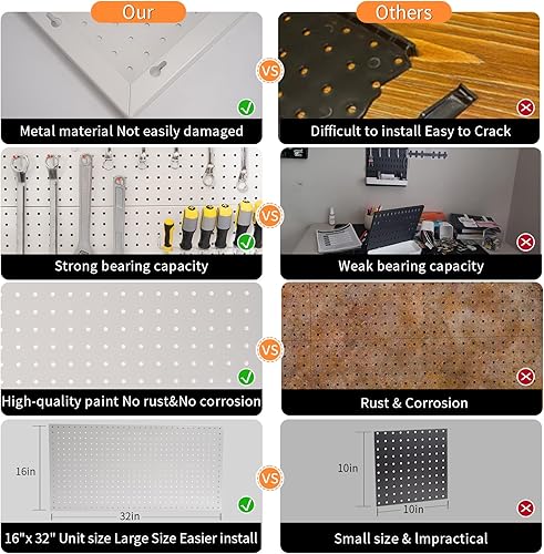 Miniatura 3 de Organizador de pared de tablero de clavijas de garaje, 2 piezas de 32 x 16 pulgadas, tablero de herramientas grande de acero resistente, tablero de