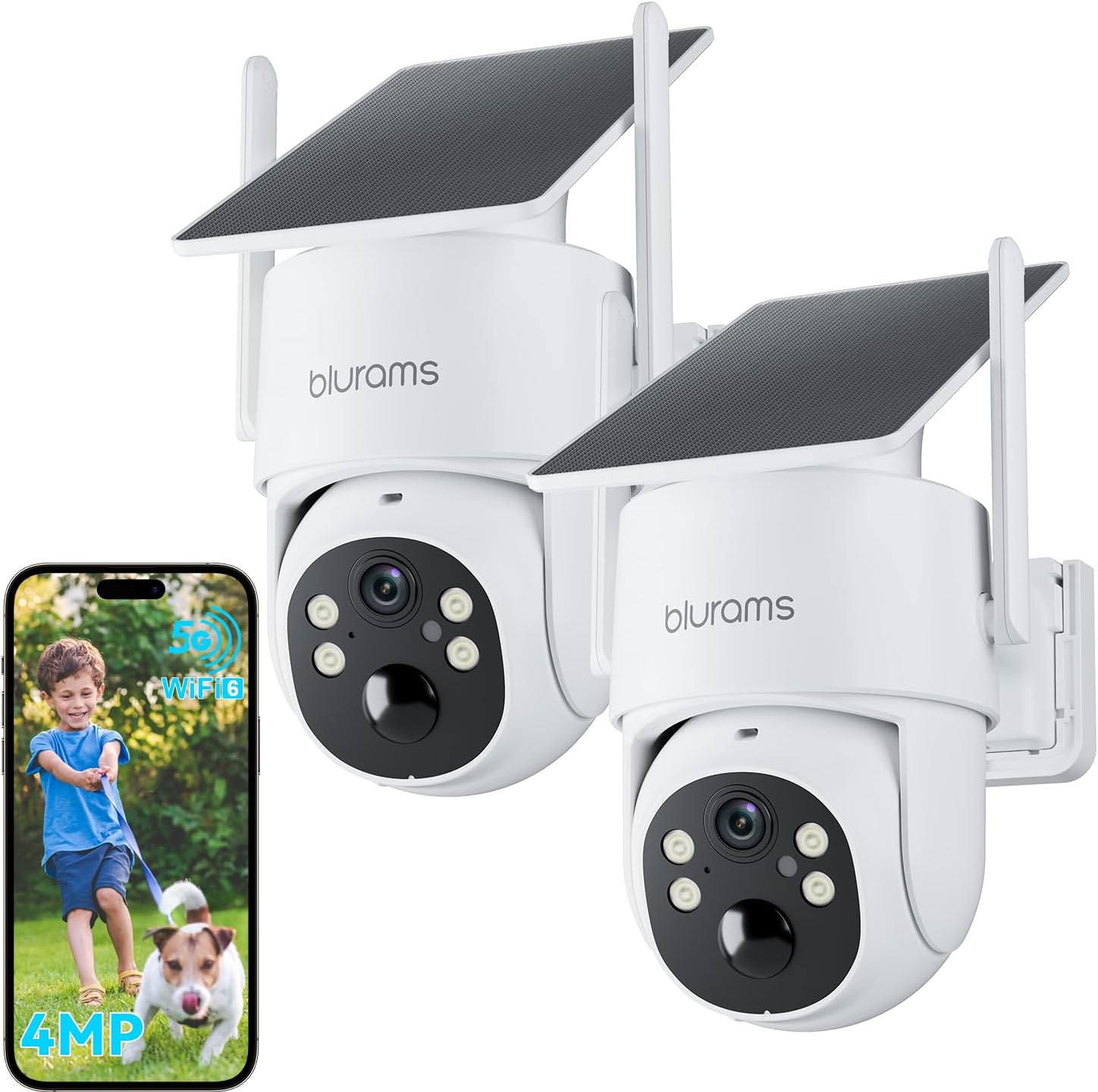 blurams 2.5K Pan/Tilt Security Cameras Wireless Outdoor, 100% Wire-Free Outdoor Camera with Fixed Solar Panel, 360° View, Dual-Band WiFi 6, Human Detection, Color Night Vision, Work with Alexa, 2Pack