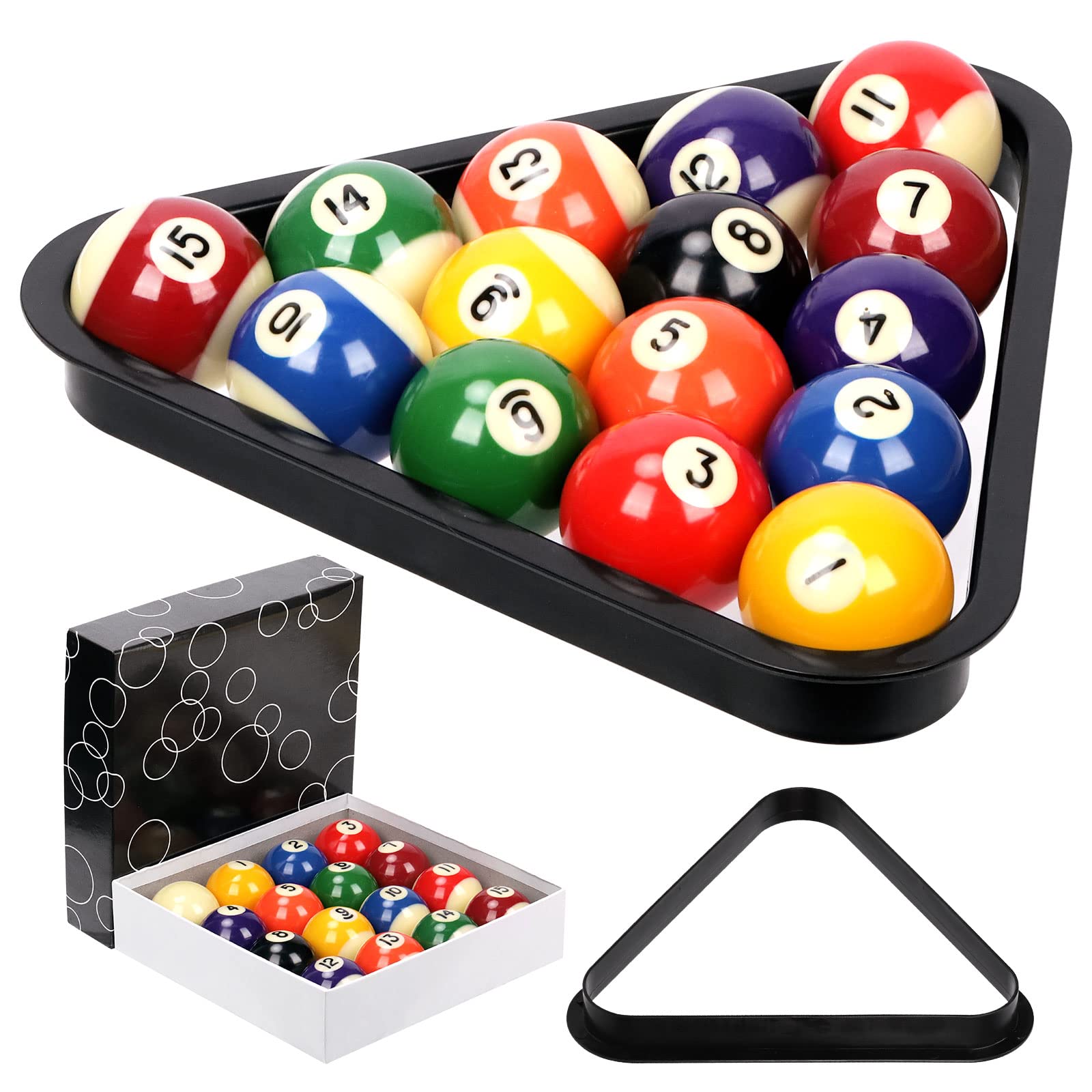 17Pcs Billiard Pool Balls Accessories Set, Complete 16 Ball Resin Billiard Pool Balls Set and Black Plastic Billiard Pool Ball Triangle Racks, Pool Table Accessories