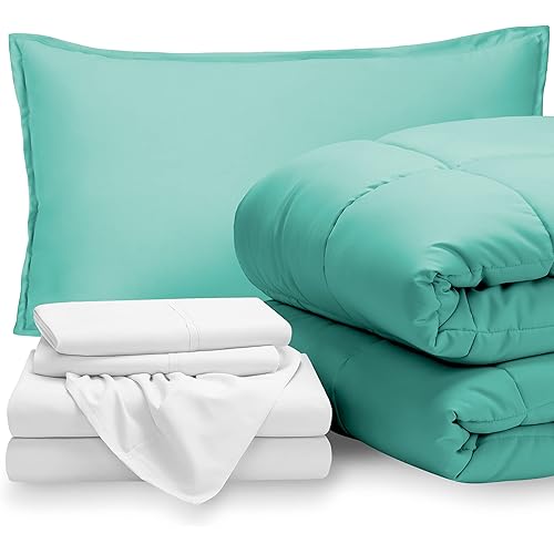 Bare Home Bedding Set 5 Piece Comforter & Sheet Set - Twin XL - Goose Down Alternative - Ultra-Soft 1800 Premium Bed Set (Twin XL, Turquoise/White)