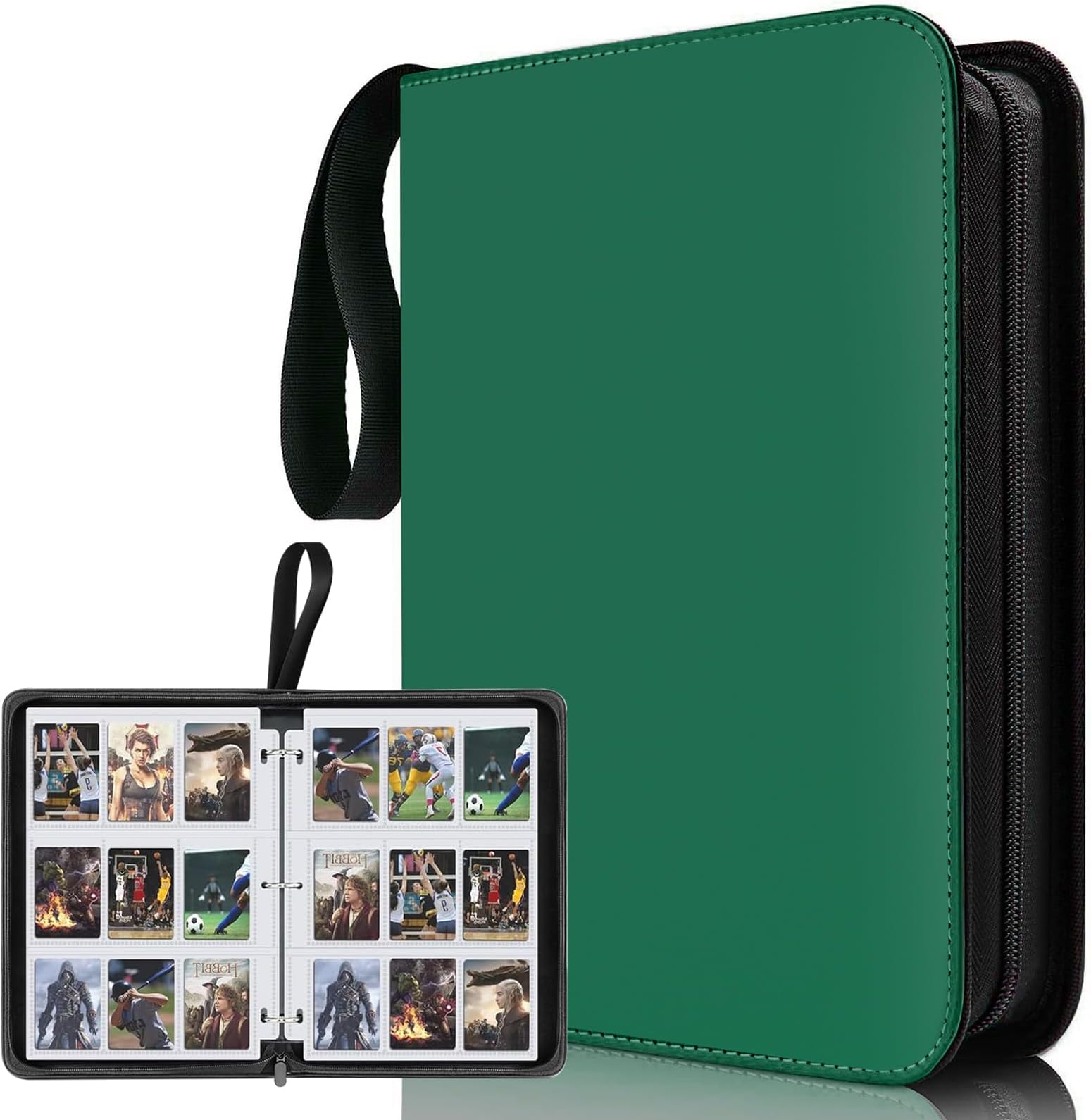 Sports Card Binder 9 Pocket,Premium Zipper Trading Card Holder with Card Sleeves,Collectible Card Folder Fits 900 Cards and 50 Removable Trading Card Sleeves (Dark green, 900pockets)