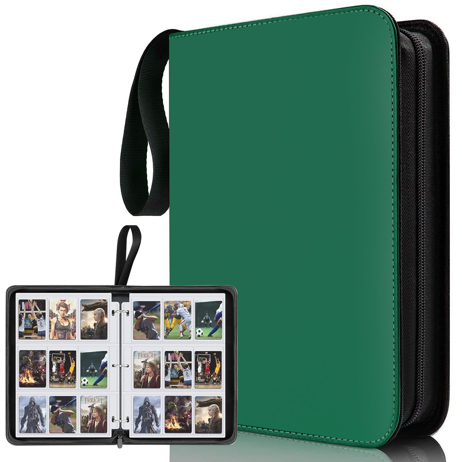 Sports Card Binder 9 Pocket,Premium Zipper Trading Card Holder with Card Sleeves,Collectible Card Folder Fits 900 Cards and 50 Removable Trading Card Sleeves (Dark green, 900pockets)